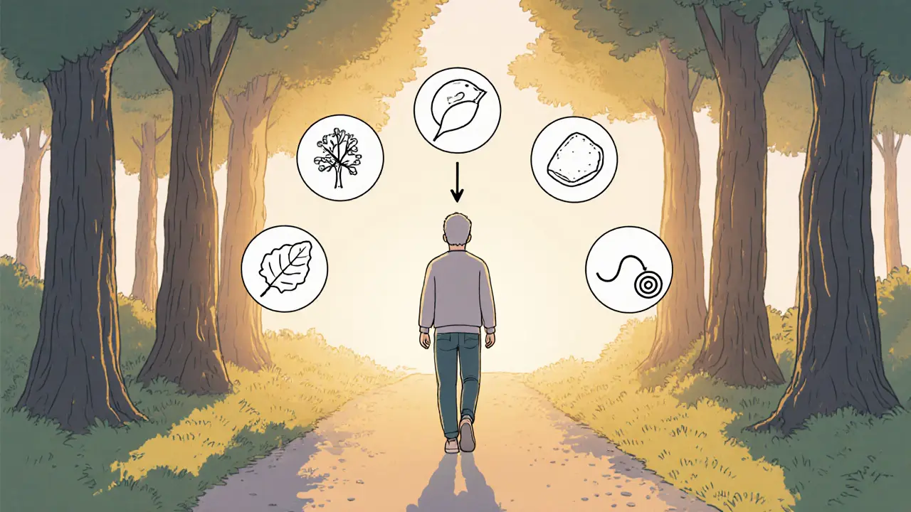 Člověk prochází lesem, kolem něj se objevují pět věcí z techniky zemnění v klidné přírodě.