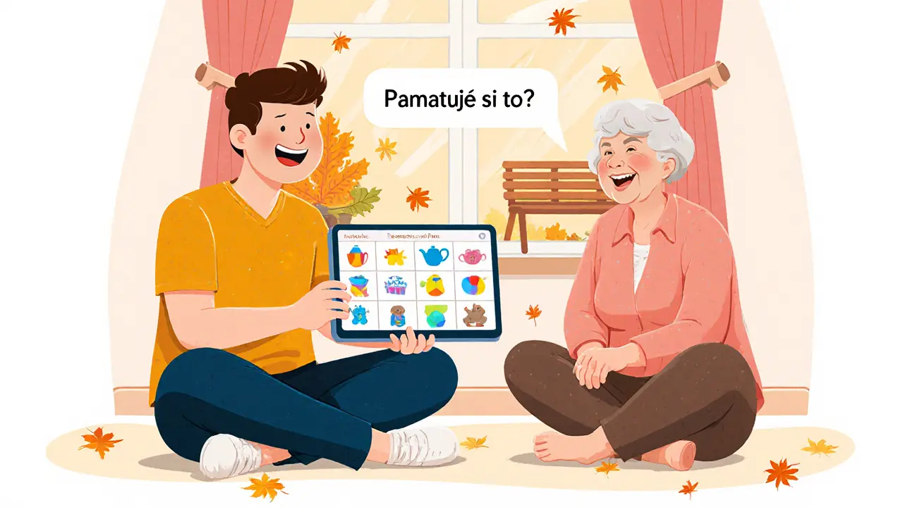 Dobrovolník a stará žena společně hrají paměťovou hru na tabletu s jasnými obrázky.