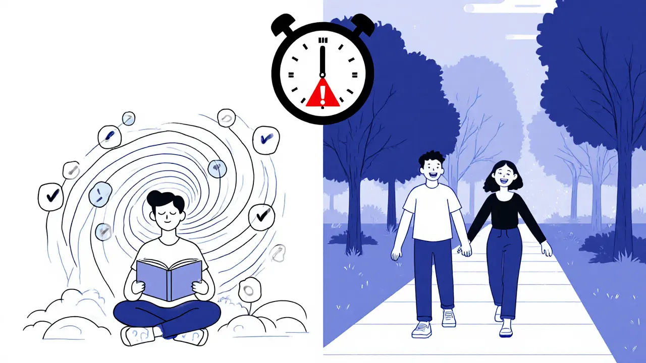 Dva lidé vedle sebe — introvert s deníkem a extrovert s přítelem, symbolizující různé způsoby zvládání úzkosti.