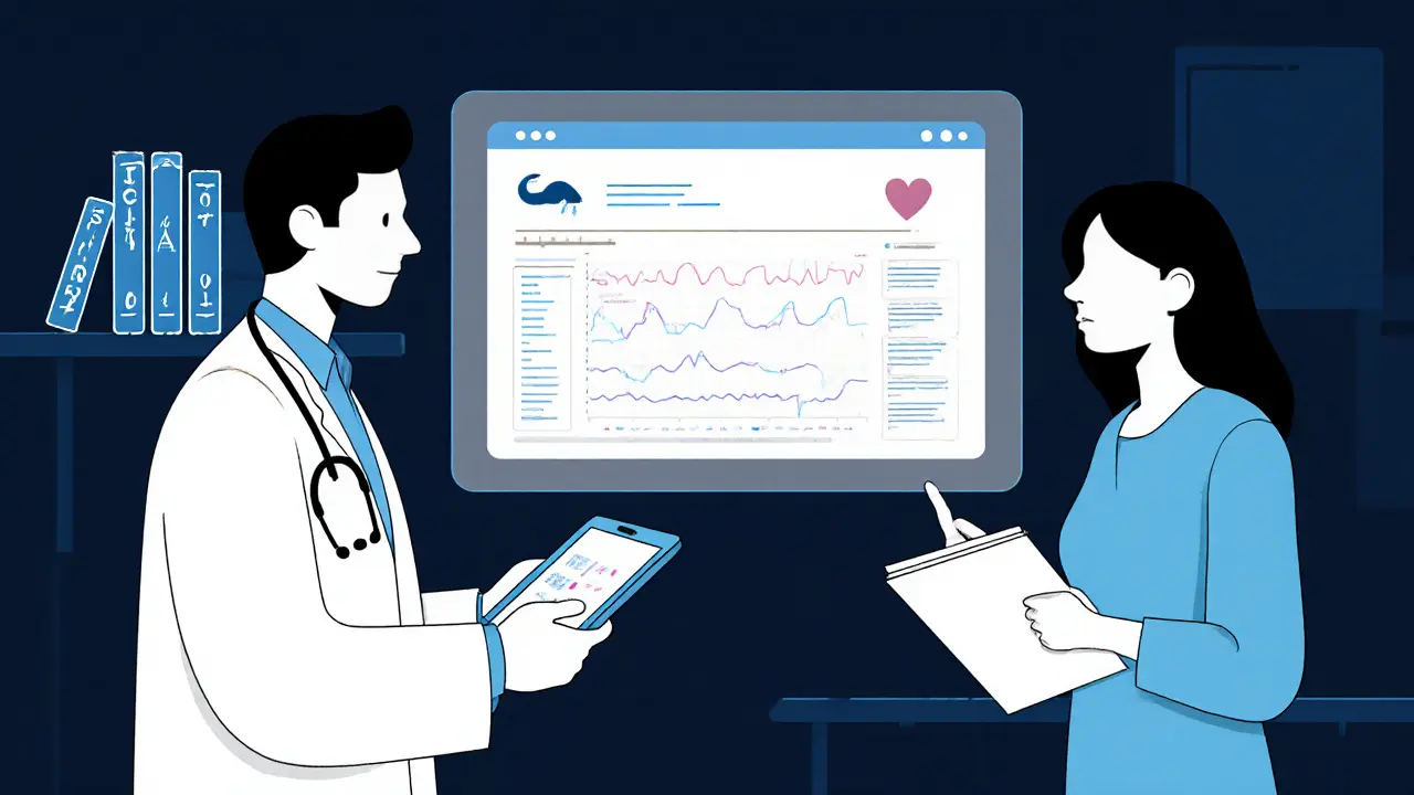 Lékař a psycholog společně sledují elektronický přehled pacientových údajů v moderní ordinaci.