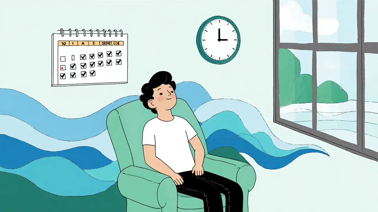 Pacient v terapii dýchá klidně, kolem něj se objevují barvy úlevy, zatímco na zdi je kalendář s 10 sezeními.