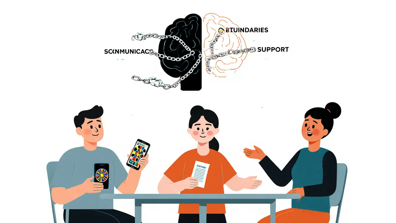 Rodina u stolu, jeden člen má otevřenou aplikaci na sázení, druhý drží účet, třetí protahuje ruku — nad nimi je rozdělený mozek.