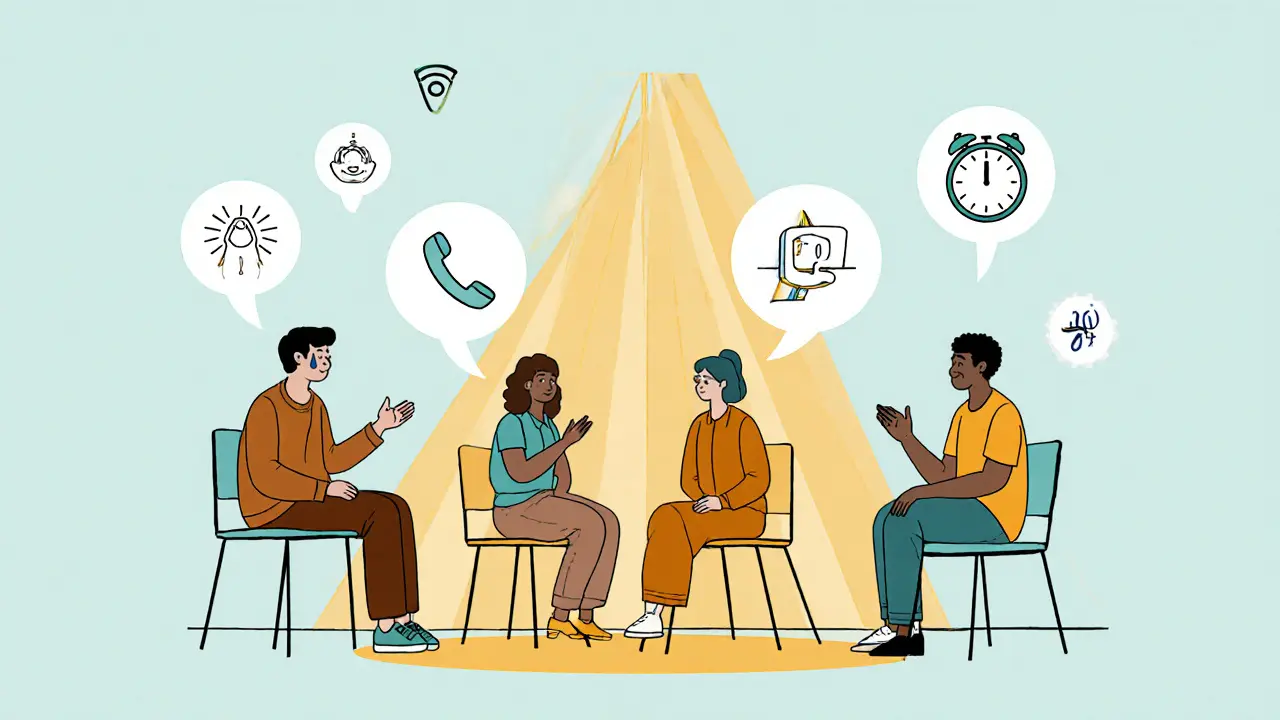 Skupina lidí v kruhu se vzájemně podporuje, nad nimi jsou symboly dýchání, telefonu a časového limitu.