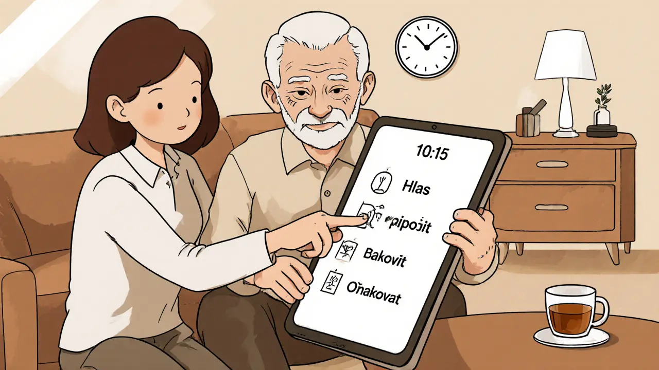 Sociální pracovník pomáhá starému muži připojit se k online terapii na tabletu s velkými tlačítky.