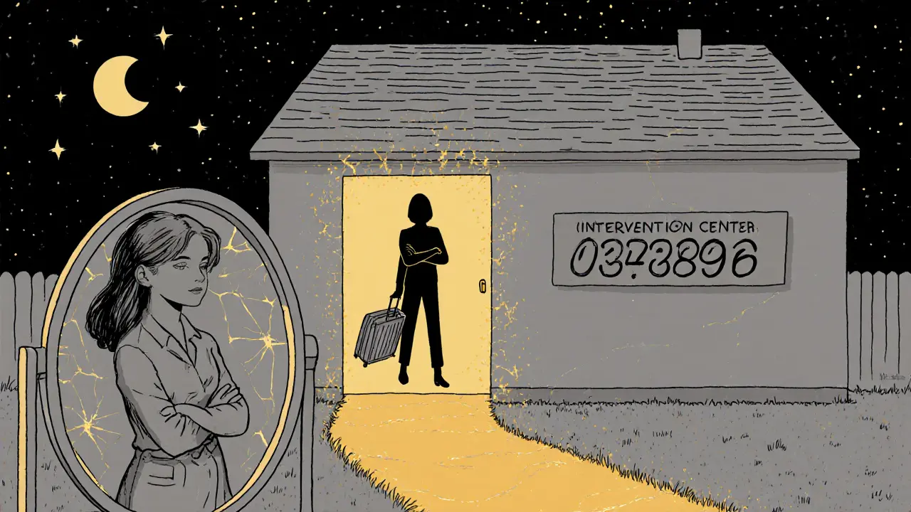 Žena odchází od domu, zatímco útočník zůstává za dveřmi, světlo ji provází.