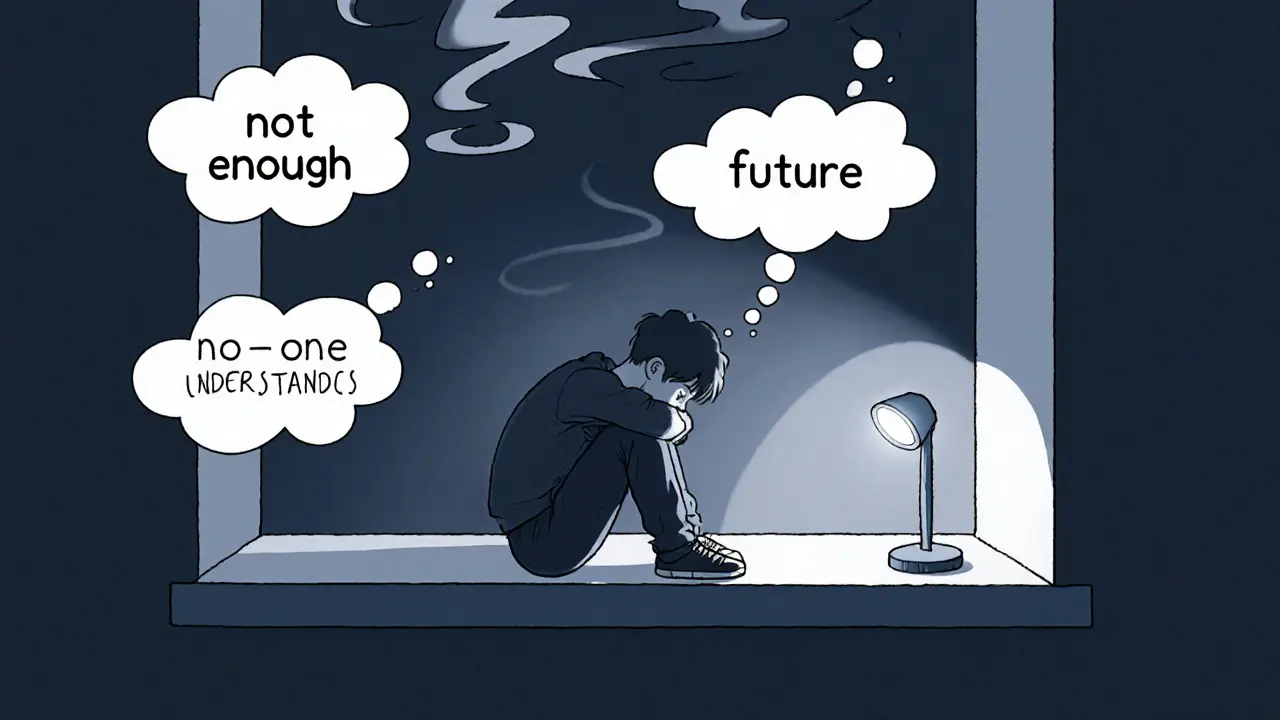 Dospívající sedí u okna v noci, kolem něj plavou abstraktní obrazy úzkosti o budoucnost a nechápání.