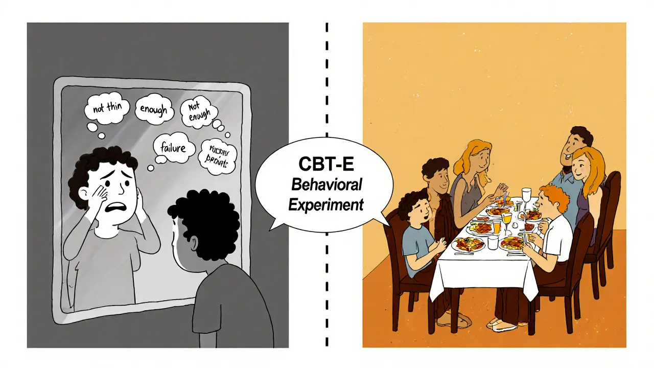 Dvě scény: osoba se dívá do zrcadla s negativními myšlenkami a stejná osoba jí s přáteli s klidem.