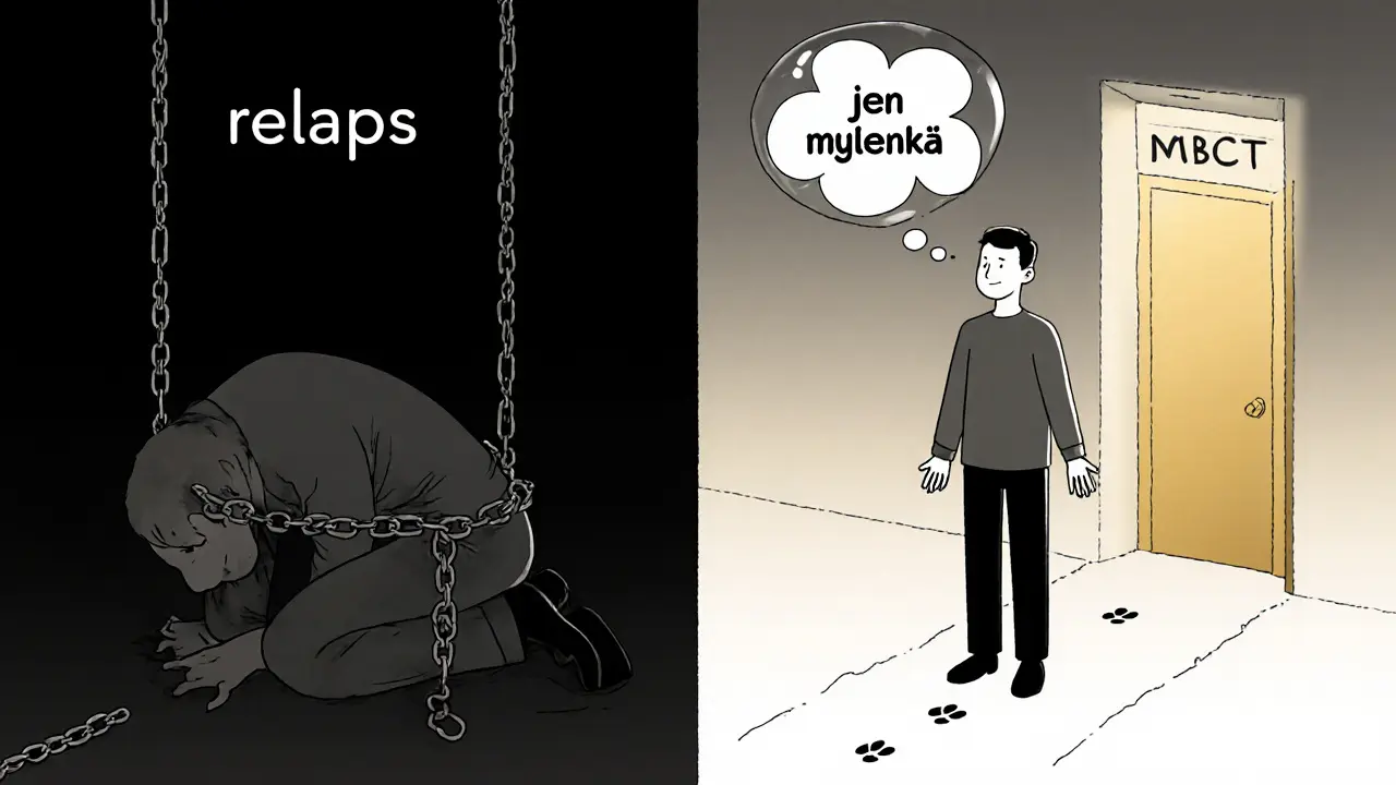 Dvě strany: jeden člověk ve tmě s řetězy, druhý ve světle s uvolněnými myšlenkami.