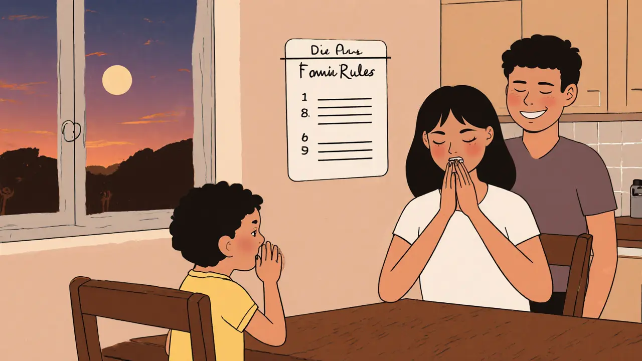 Rodina společně dýchá u stolu, na zdi je vidět jednoduchý graf s třemi pravidly.