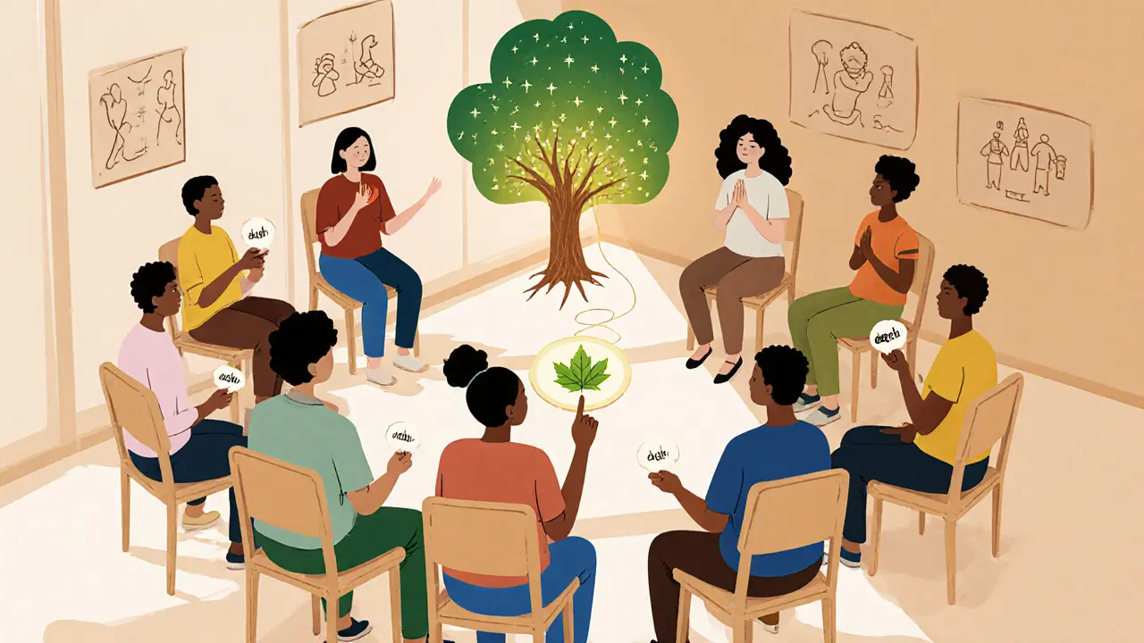 Skupina lidí medituje spolu, spojená světlými nitkami k symbolu stromu.