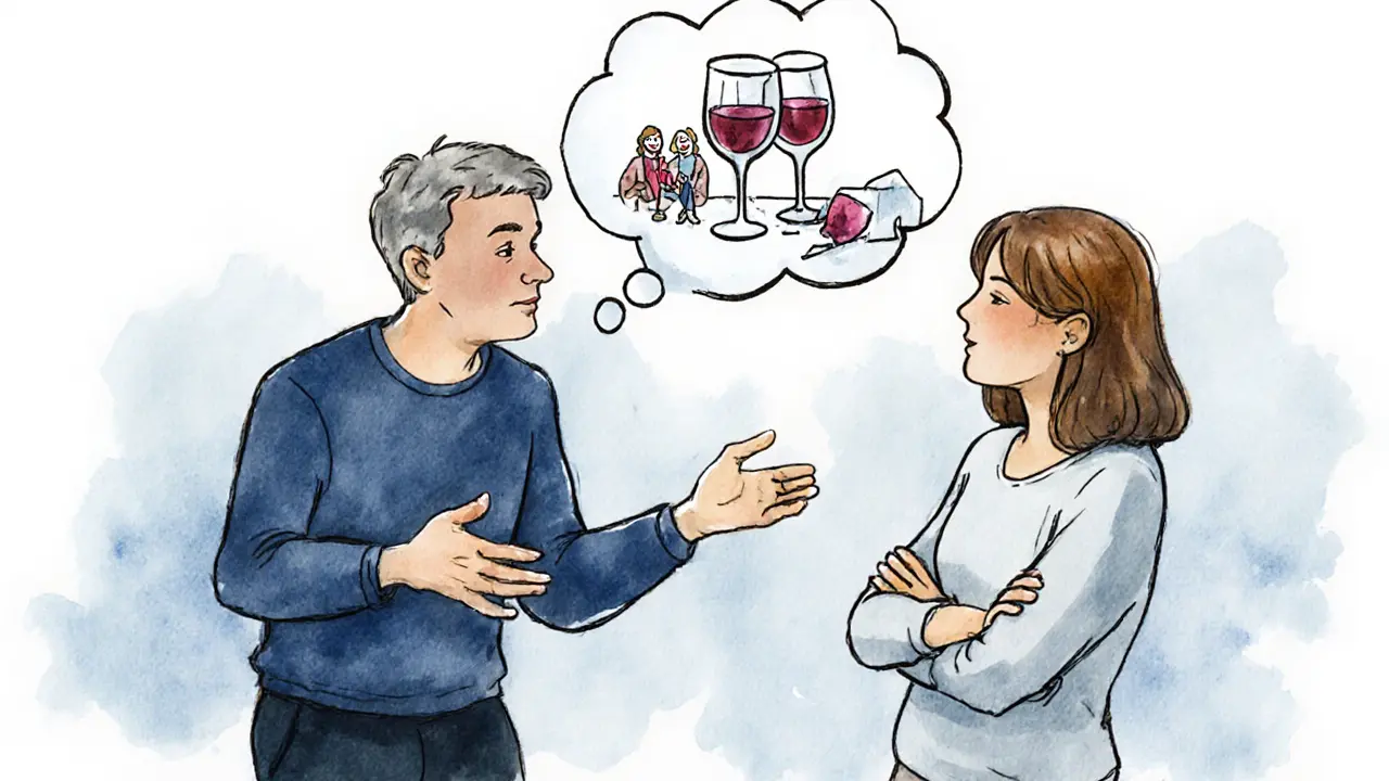 Terapeut naslouchá klientovi, který má nad hlavou myšlenku o alkoholu a přátelích.