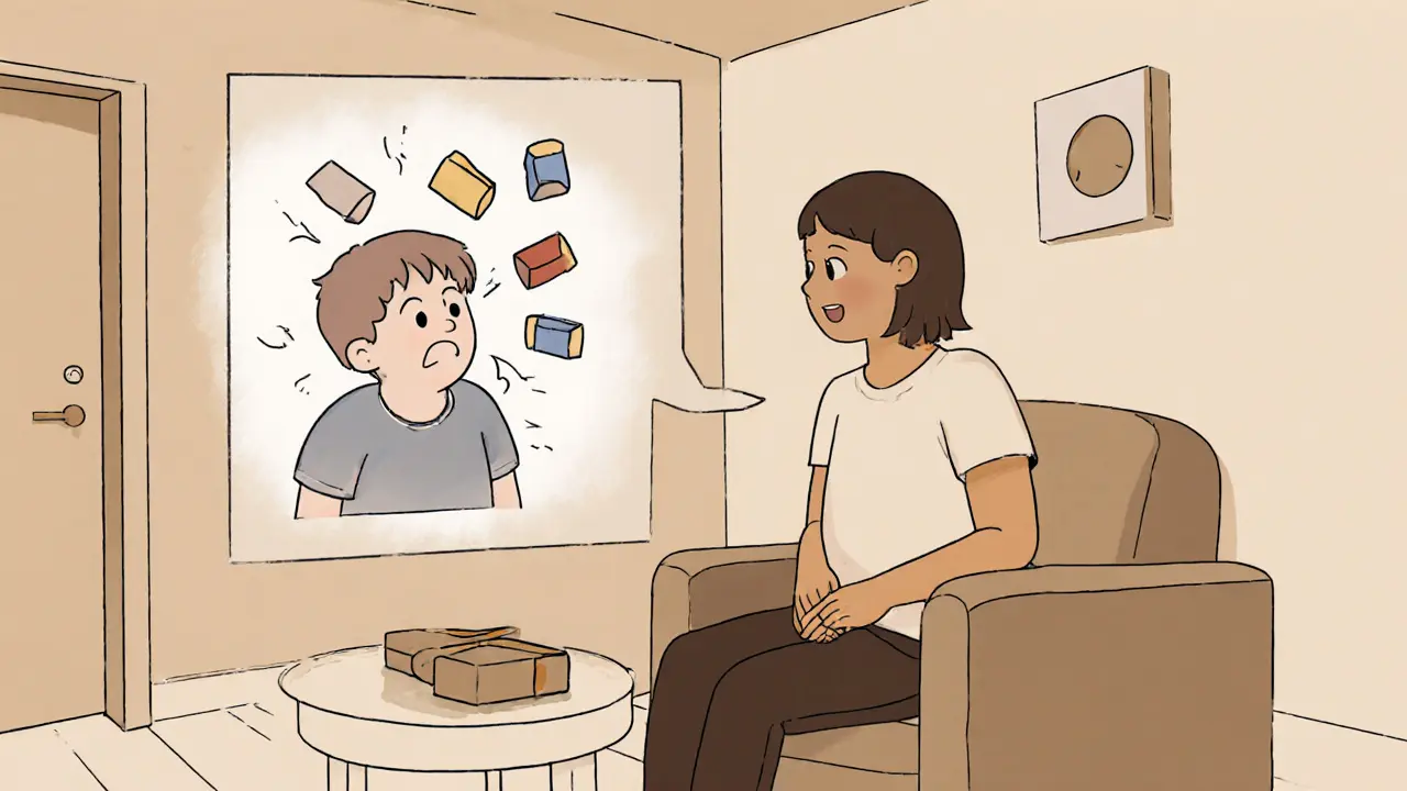 Terapeut poslouchá dospívajícího, za ním se objevuje průhledná podoba dítěte v hnevě — přechod deprese z agresivity do bezezmyslu.