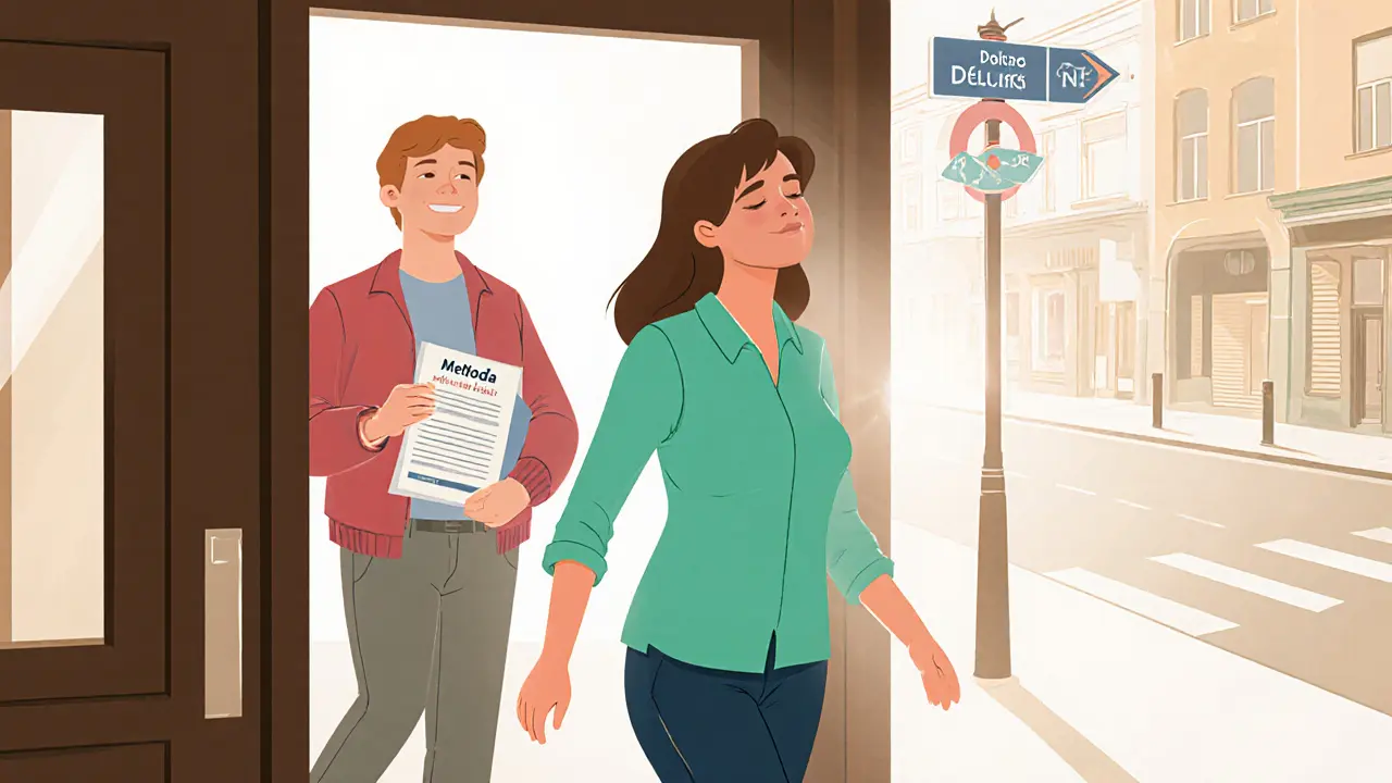 Klient opouští terapeutickou místnost s uvolněnými rameny, terapeut ho pozoruje s úsměvem.