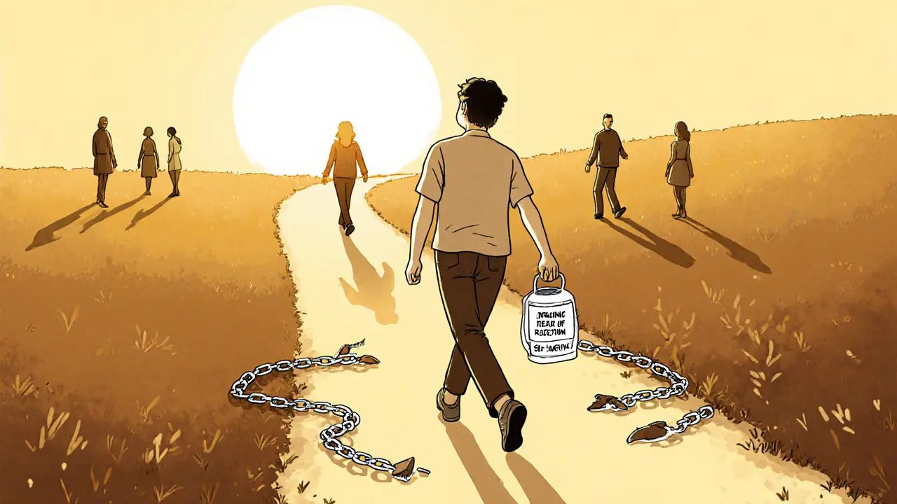 Osoba jde po světlé cestě, zanechává za sebou kovy řetězy a drží lucernu s nápisem &#039;Hodnota sebe sama&#039;.