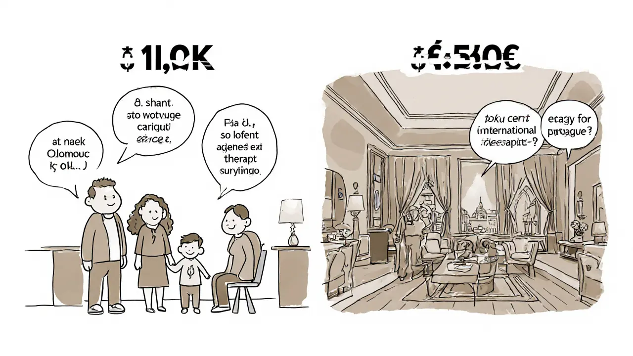 Porovnání cen rodinné terapie: levnější sezení v Olomouci a dražší v Praze s anglickým terapeutem.