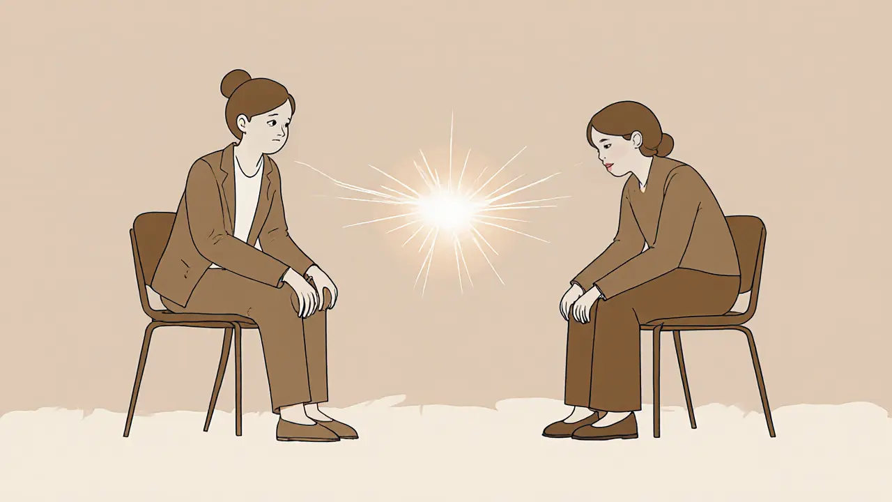 Terapeut a klient v terapii, mezi nimi vzniká jemná spojnice důvěry.