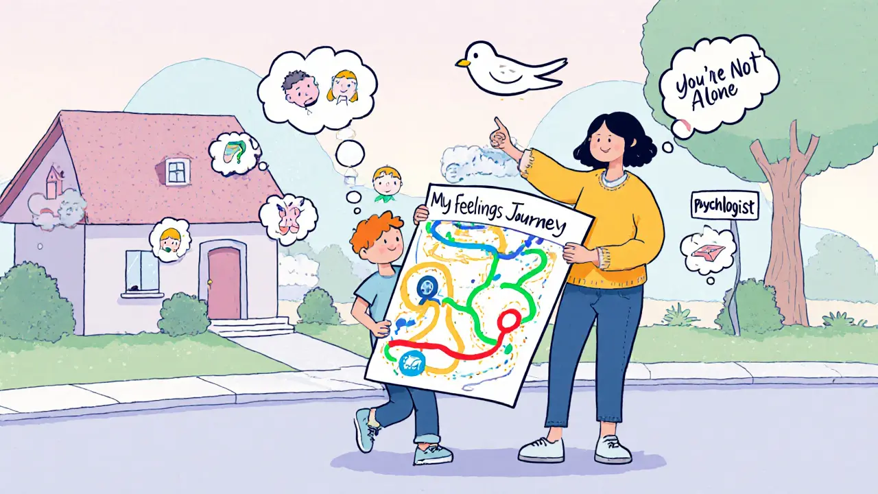 Dítě s mapou pocitů jde spolu s rodičem k domu psychologa, okolo letí pták s nápisem &#039;Nejsi sám&#039;.