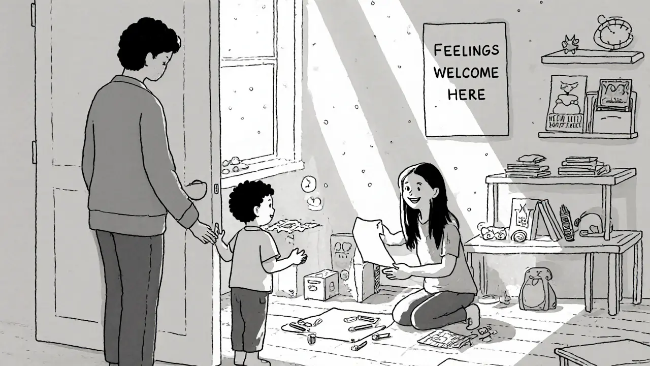 Dítě se podívá do kanceláře psychologa, kde leží kreslenky a hračky, psycholog se k němu skloní s papírem.