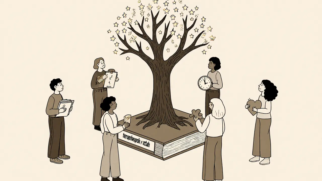 Lidé v kruhu spojení vztahy, symbolizující společnou cestu k hojení.