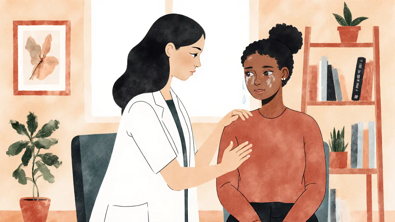 Terapeut jemně položí ruku na rameno klienta v klidné terapeutické místnosti, oba jsou v klidném, emocionálním okamžiku.