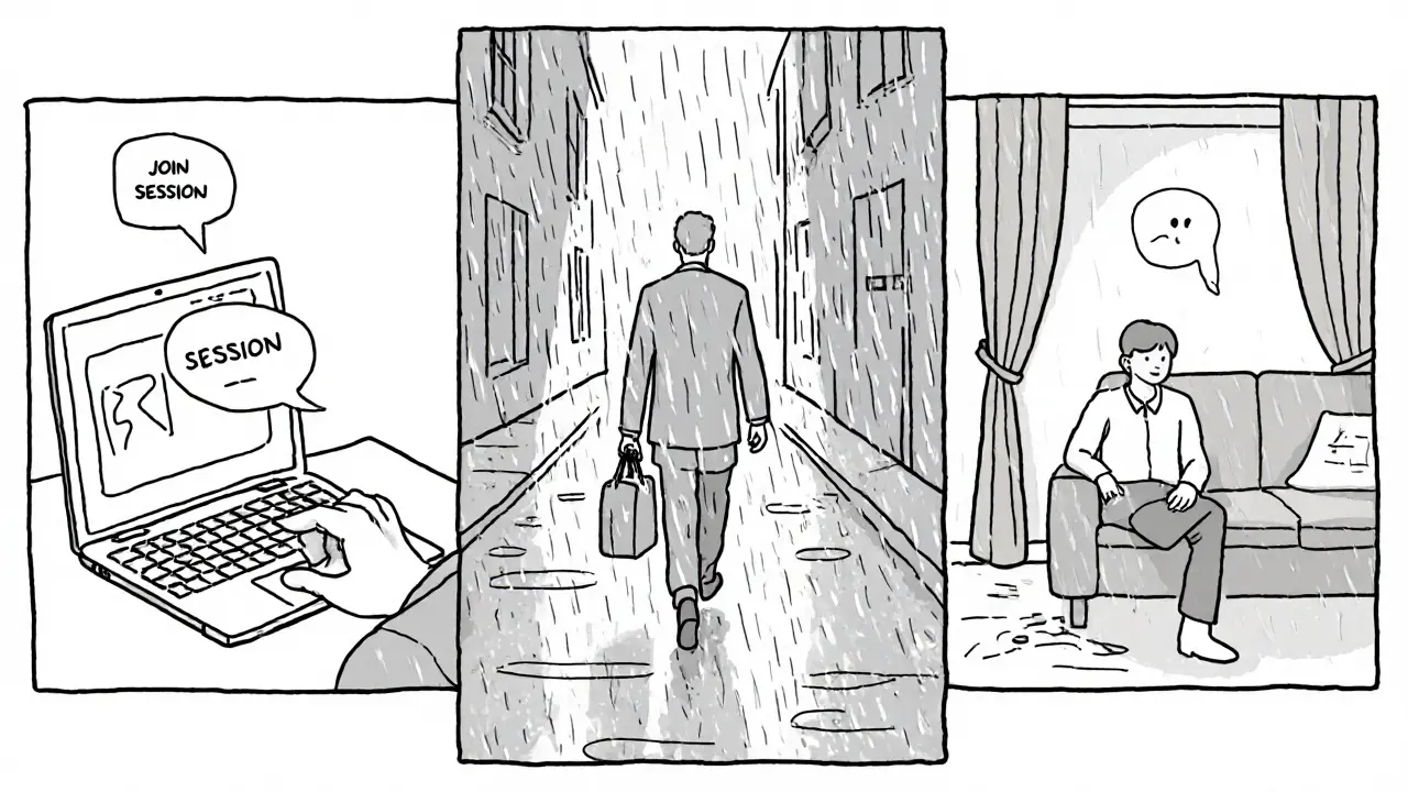 Tři scény ukazují cestu od online terapie přes terapeuta na cestě k osobnímu sezení se světlem a dotekem.