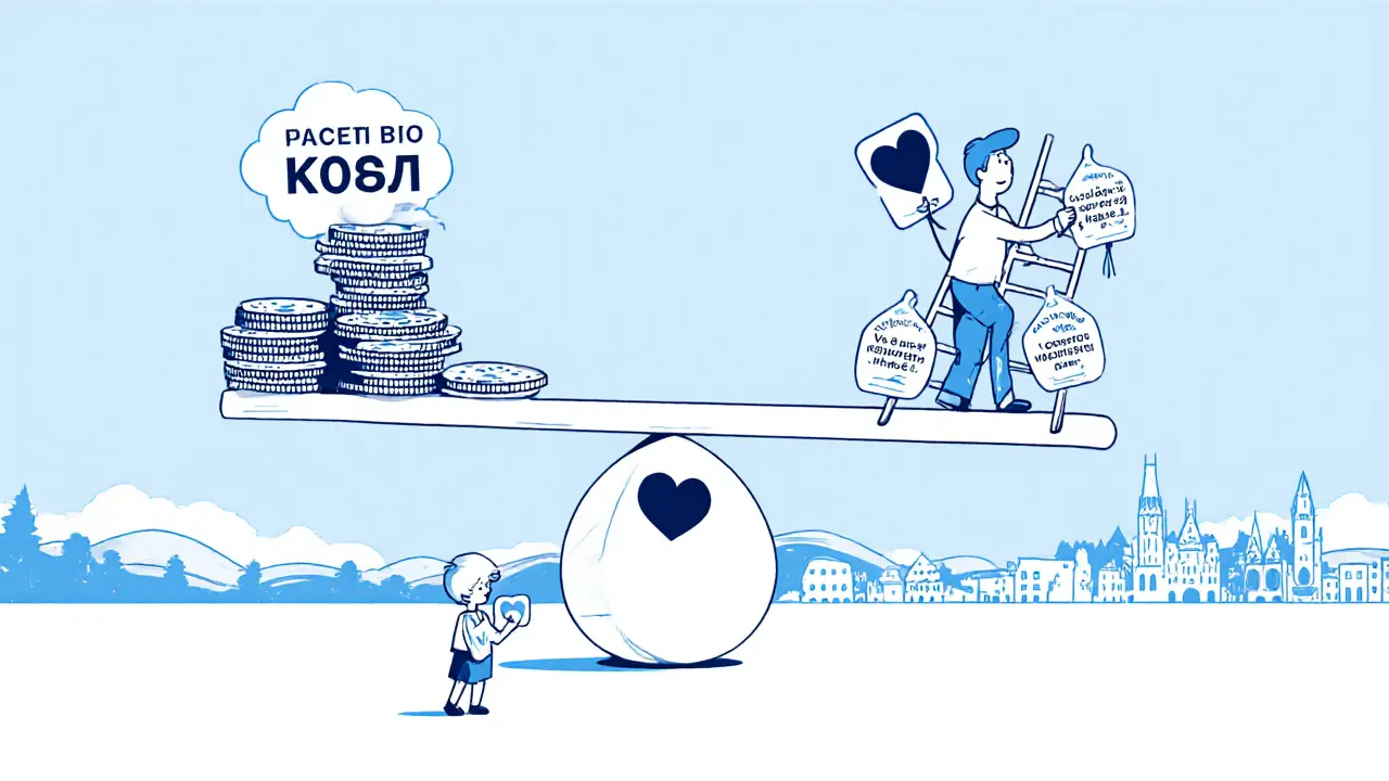 Váha s kredity a člověkem na žebříku z zdravotních odznaků.