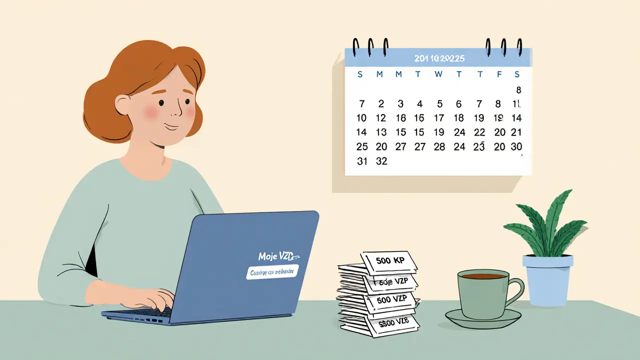 Žena na kuchyňském stole s aplikací VZP a peněženkami za terapii.