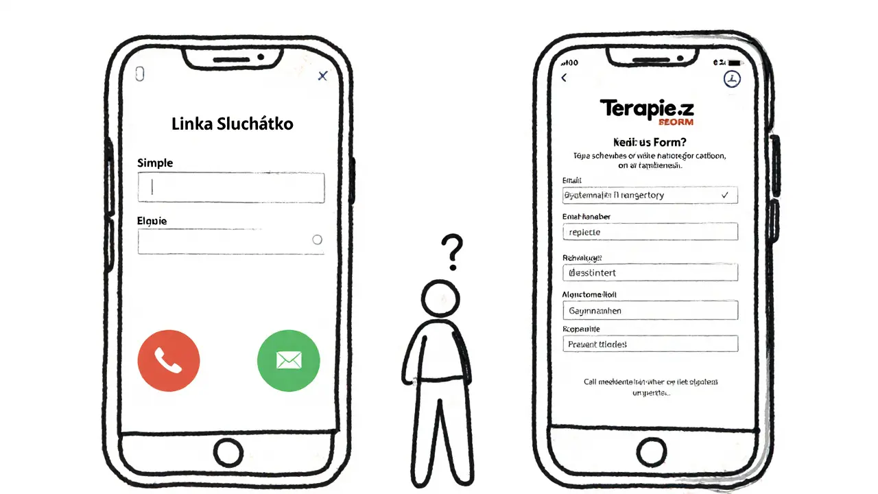 Dvě online terapeutické platformy: jedna anonymní, druhá vyžadující osobní údaje – uživatel se rozhoduje.