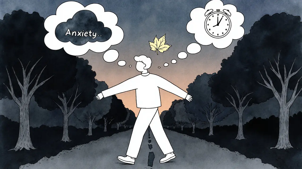 Osoba kráčí po cestě večer, nad hlavou má myšlenky o úzkosti a dechu, příroda kolem je klidná.