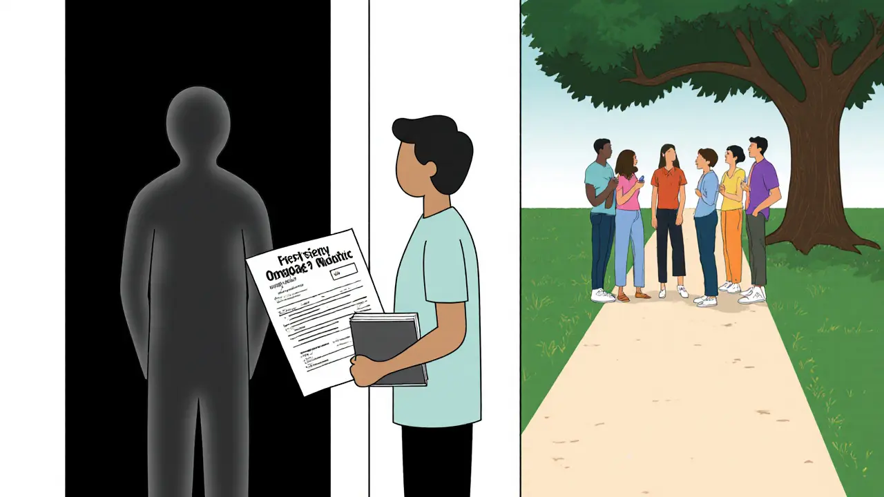 Osoba stojí u kliniky, za ní se rozplynuvší temná verze sebe, vpředu cesta k lidem ve společnosti.