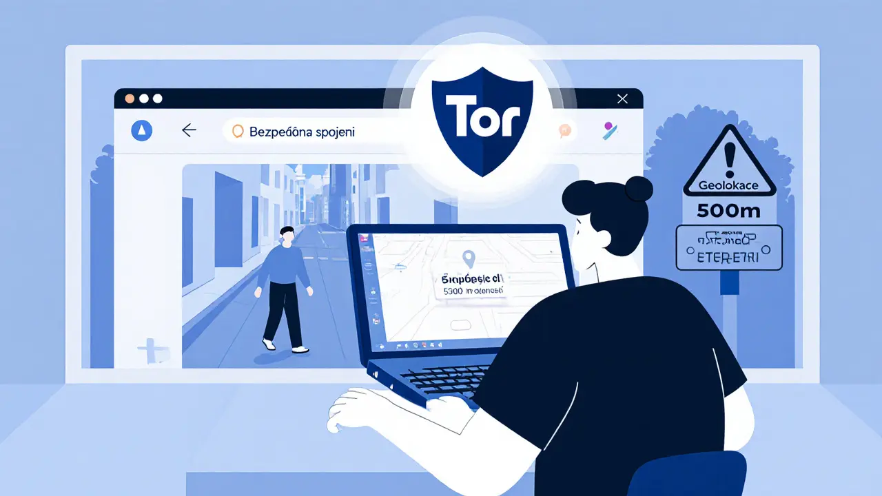 Uživatel používá Tor k bezpečnému připojení, zatímco jeho poloha je sledována jinými službami.