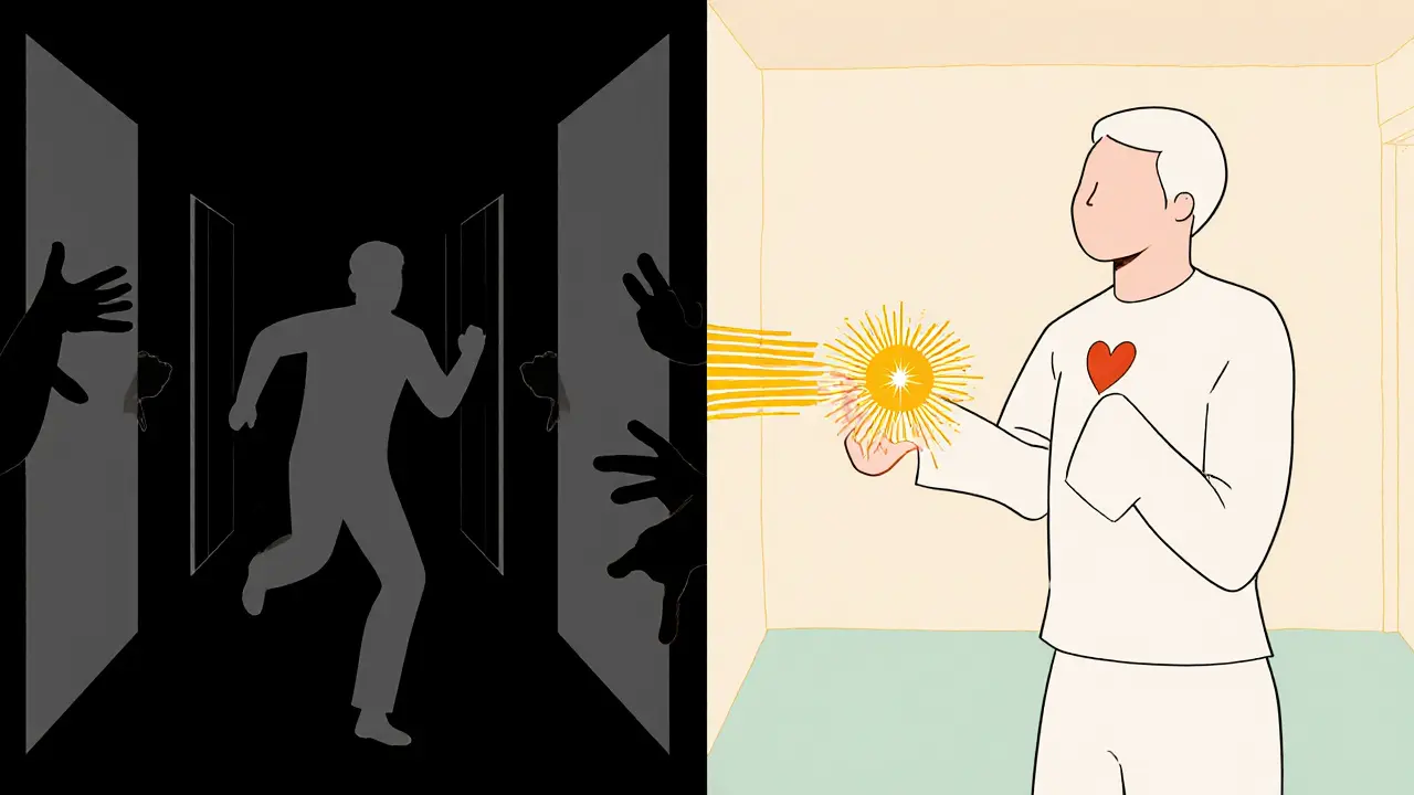 Dvě scény: jedna s lidí ztuhlým v útěku, druhá s lidí, který pomalu rozváží ruku — symbolizující dokončení trauma.