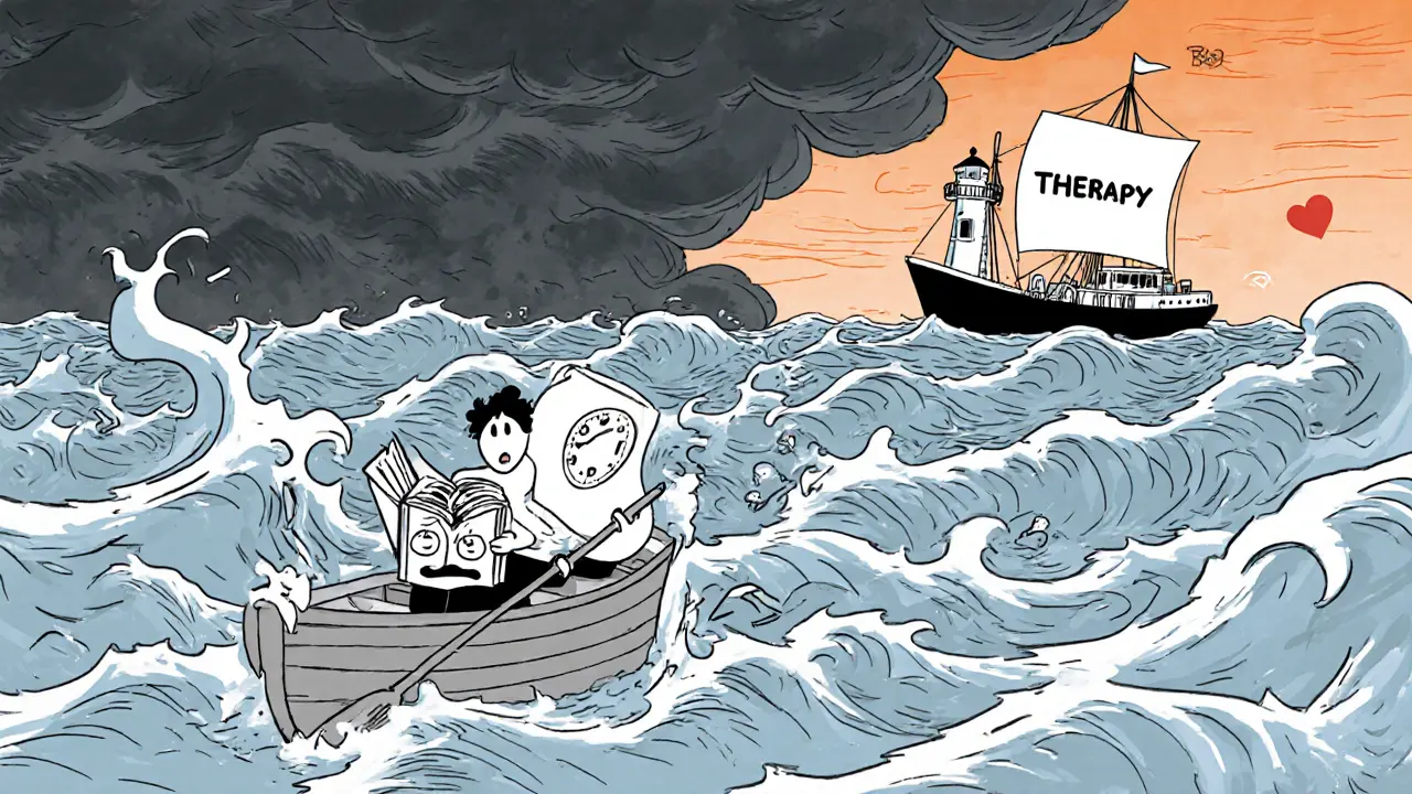 Malá loď na bouřlivém moři, v dálce svítí maják jako symbol psychoterapie.