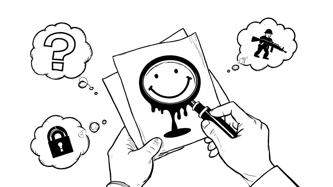 Muž zkoumá šťastnou tvář, která se rozpadá, kolem něj myšlenky podezření.