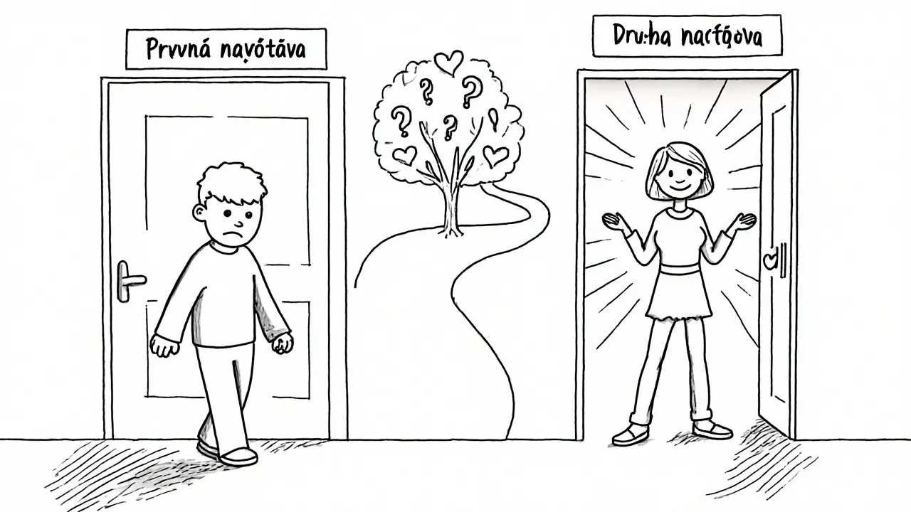 Osoba přechází od neúspěšné první návštěvy k úspěšné druhé, symbolizující trpělivost a vhodnou shodu.