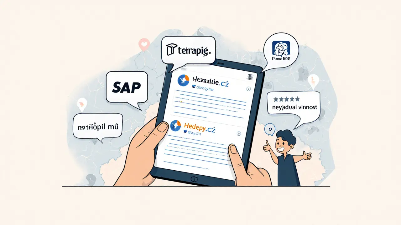 Osoba prochází online platformami pro výběr terapeuty, s přátelskou radou od známého.