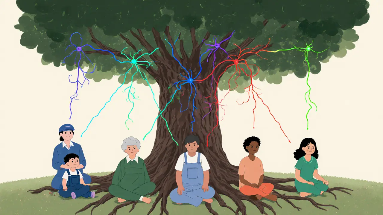 Různí klienti spojeni světelnými linkami s kořenovým stromem, symbolizujícím tělesné a nervové propojení.