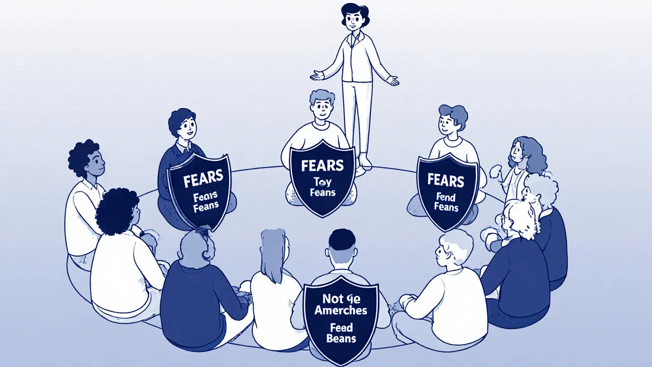 Skupina lidí pomalu snižuje své ochranné štíty, terapeut pozoruje z dálky.