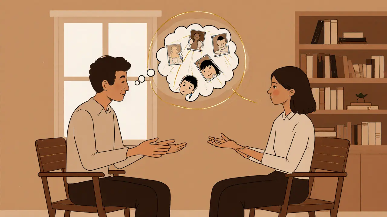 Terapeut a klient sedí v klidné místnosti, nad nimi se objevují vnitřní vzpomínky.