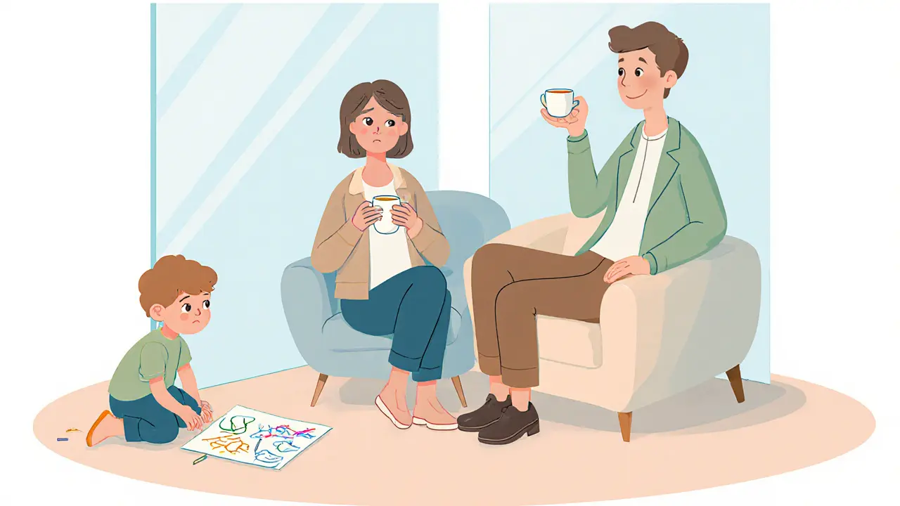 Terapeut a rodič spolu v klidné místnosti, dítě hraje na pozadí.