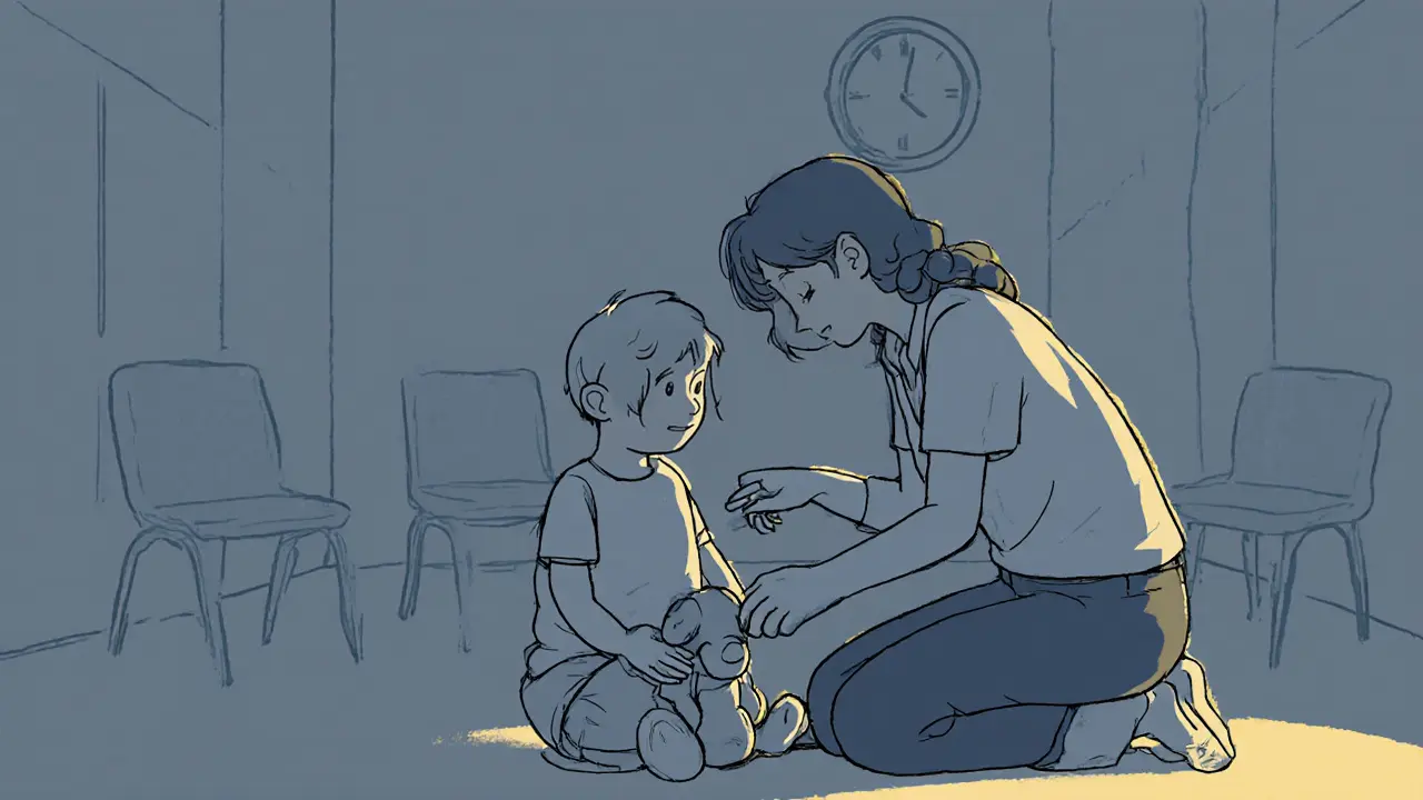 Terapeut se naklání k dítěti, které říká &#039;Nechci tě mít&#039;, mezi nimi je hračka.