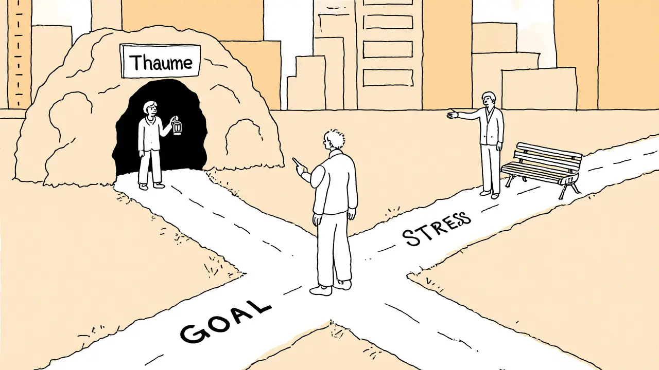 Člověk na křižovatce s třemi cestami: temná jeskyně, jasná cesta a klidné sedadlo, symbolizující různé přístupy k duševnímu zdraví.