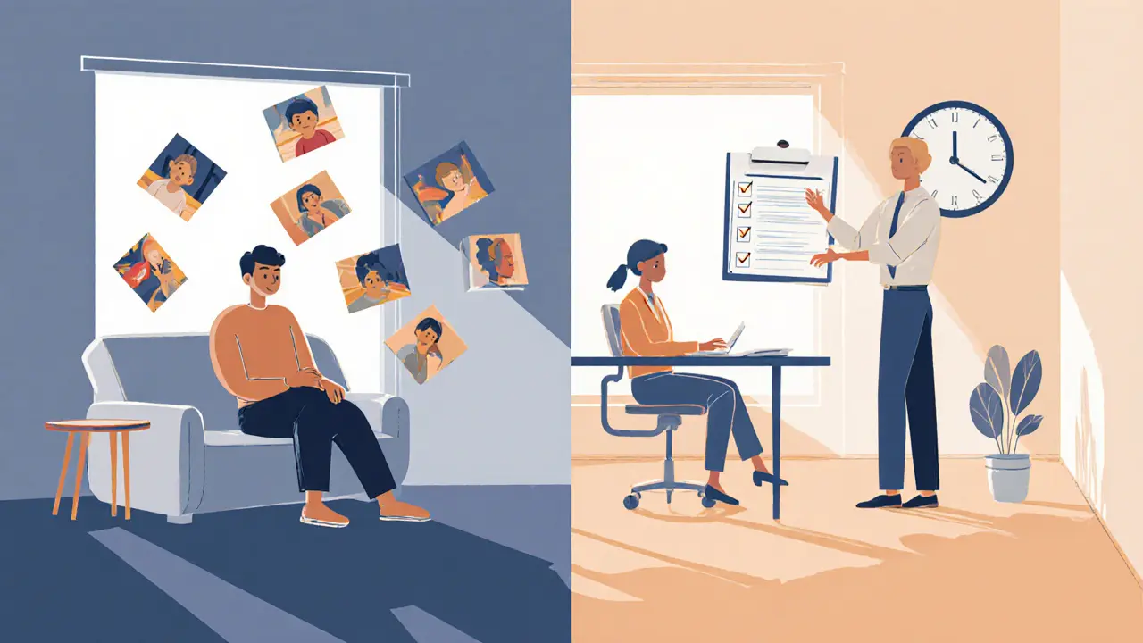 Člověk na pohovce s minulými vzpomínkami a psychoterapeut, zatímco jiná scéna ukazuje psychologa s přehledem a hodinami.