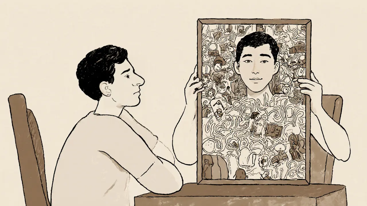 Dva lidé v terapeutické schůzce, kde zrcadlo odrazí místo tváře složitý web vzpomínek a emocí.