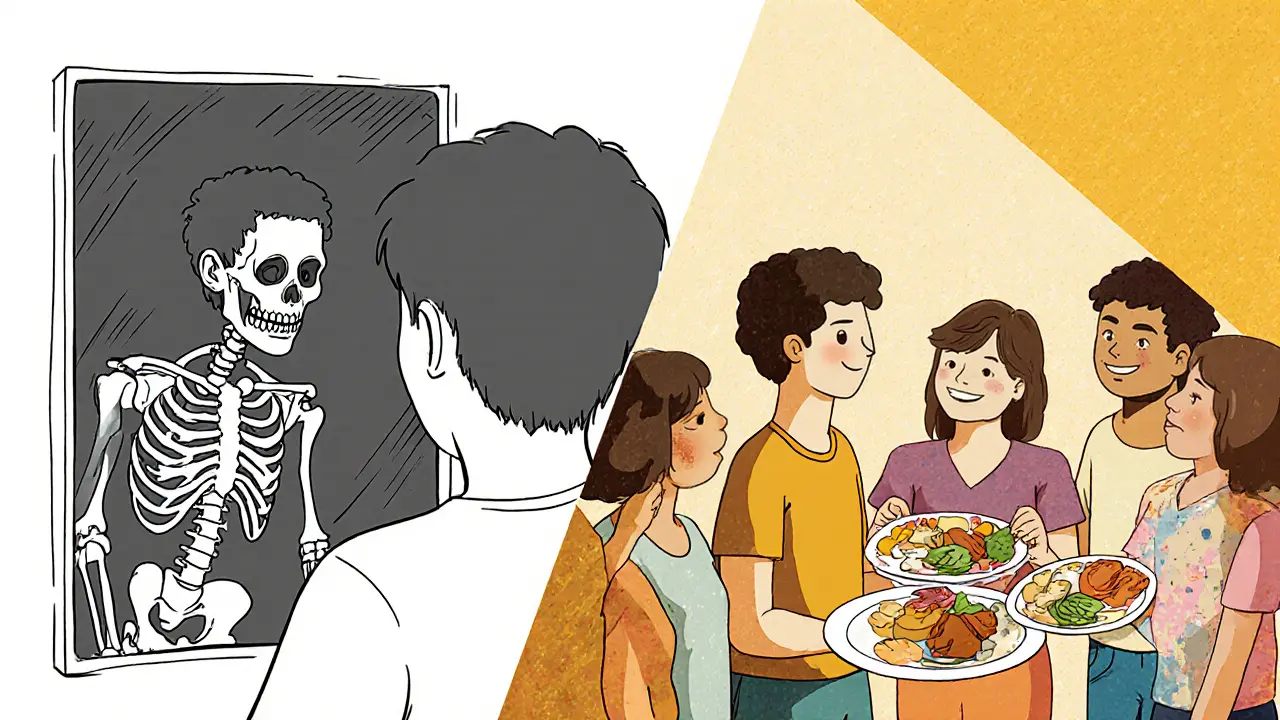 Dvojice obrázků: vlevo zkreslený odraz v zrcadle, vpravo dívka se jídlem a rodiči v teplém světle.