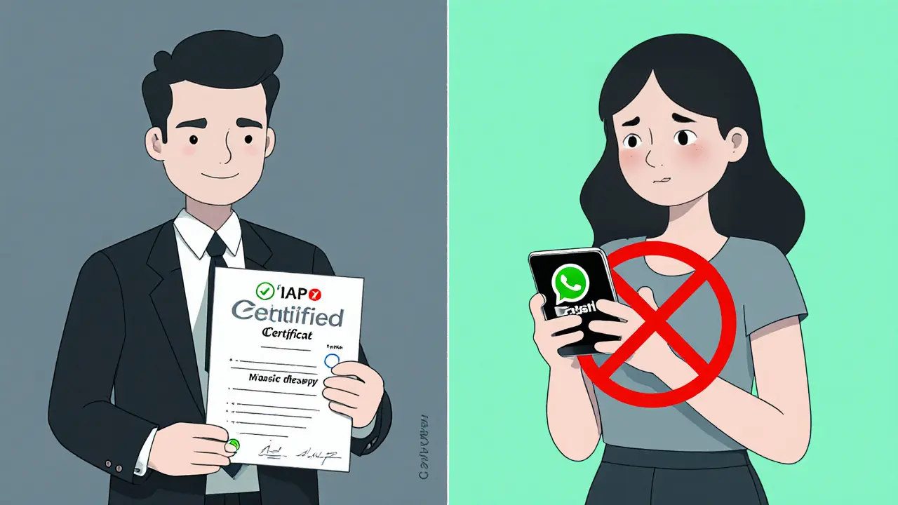 Legální terapeut s certifikátem vs. nebezpečná terapie přes WhatsApp.