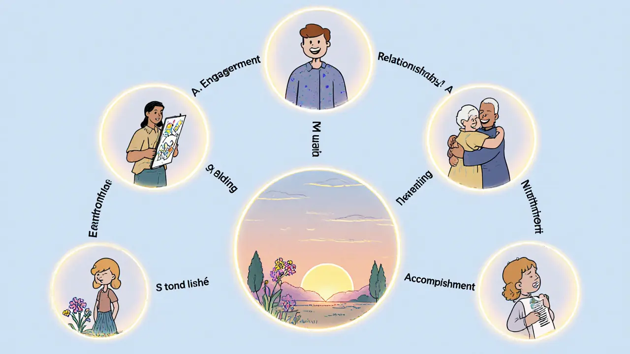 Pět prvků štěstí PERMA znázorněno jako spojené kruhy nad lidmi v běžných situacích.