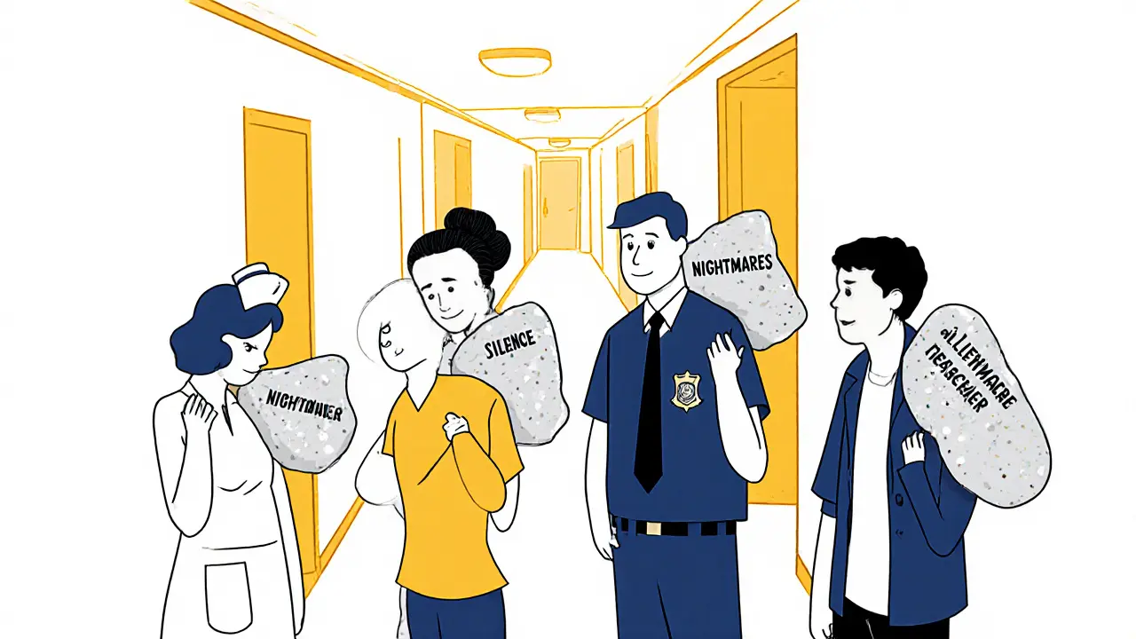 Profesionálové v péči nesou průhledné kameny s nápisem traumatu, stojí zády k sobě v chodbě.