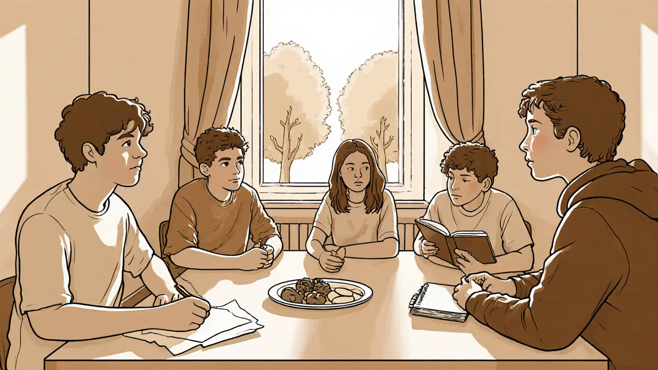 Skupina teenagerek v klidné terapeutické místnosti v Lázních Jablonec, každá se zapojí do jiné aktivity.