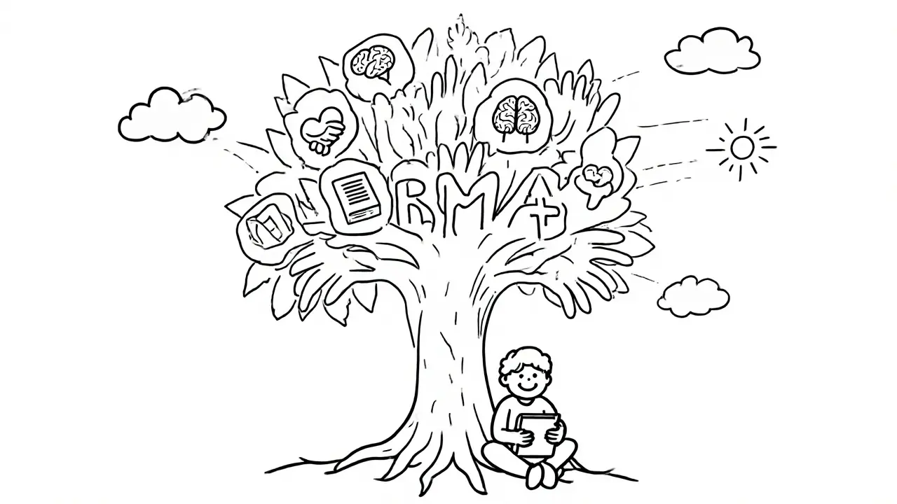 Strom s kořeny tvaru rukou a listy jako symboly PERMA+, pod ním člověk v klidu.